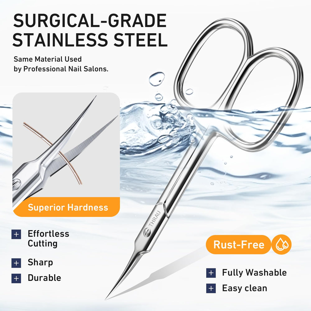 THRAU Cuticle Scissors stainless steel construction for durability.