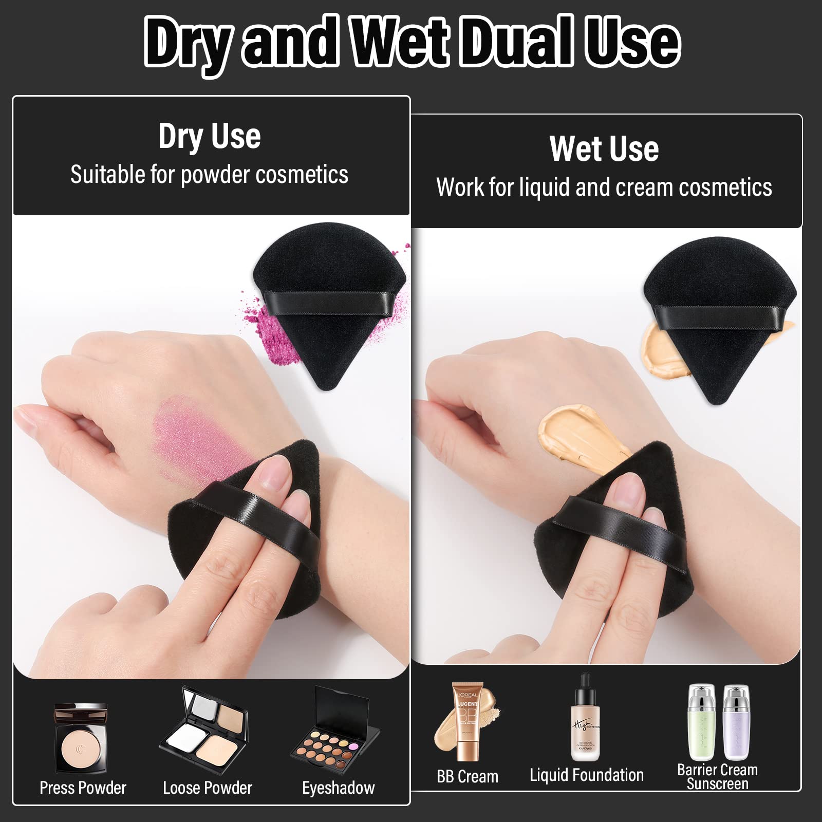 Thrilez black powder puff reaching nose and eye areas for even coverage