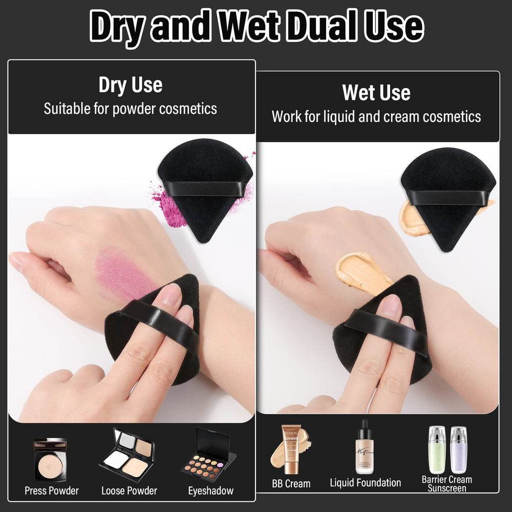 Thrilez black powder puff reaching nose and eye areas for even coverage