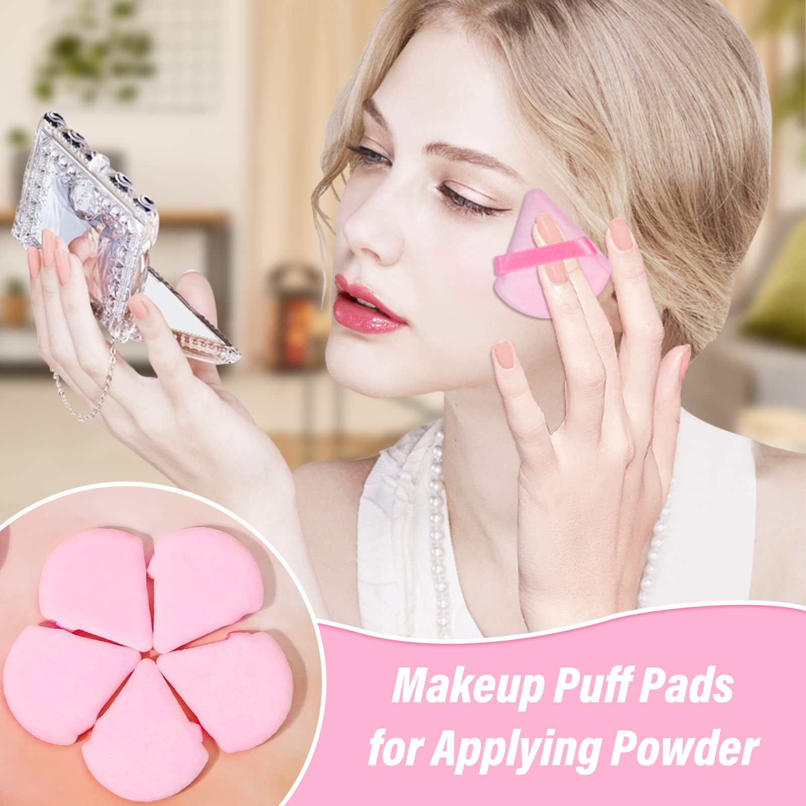 The strap-assisted grip on the Thrilez triangle powder puff helps control application.