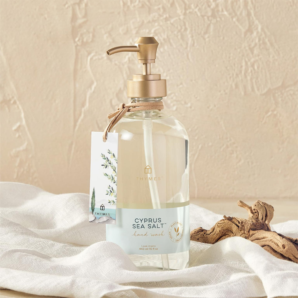 Thymes Cyprus Sea Salt Hand Wash pump delivers easy, gentle lather with refreshing scent.