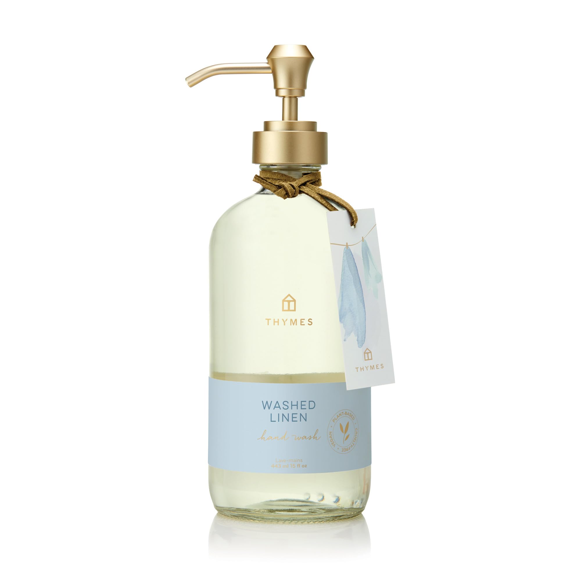 Thymes Hand Wash Washed Linen bottle with cedarwood and lavender notes.
