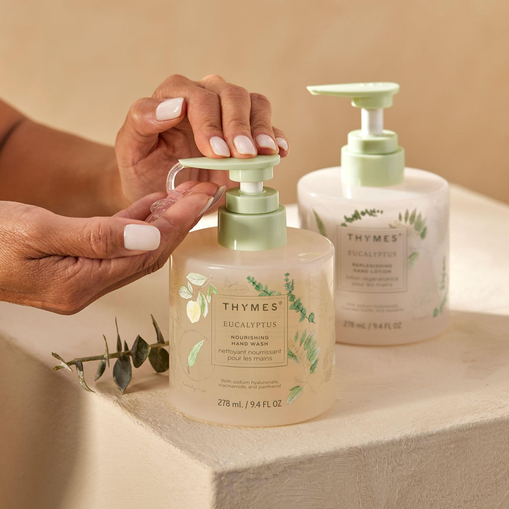 Fragrance swatch showing eucalyptus and citrus notes in Thymes hand wash
