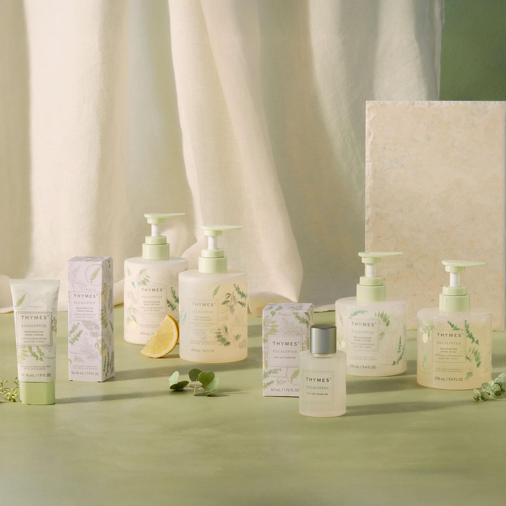 Glass bottle of Thymes Nourishing Hand Wash on a tidy countertop