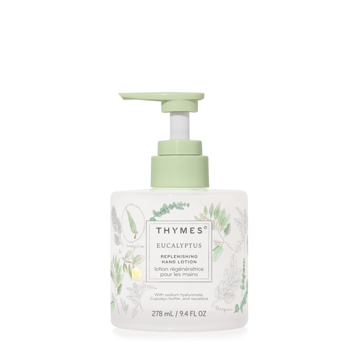 Thymes replenishing hand lotion bottle in an elegant glass container for daily moisture.