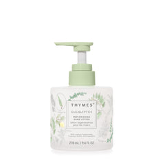 Thymes replenishing hand lotion bottle in an elegant glass container for daily moisture.