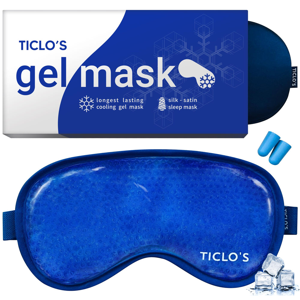 TICLO'S cooling eye mask soothing puffy eyes with a comfy sleep-ready fit.
