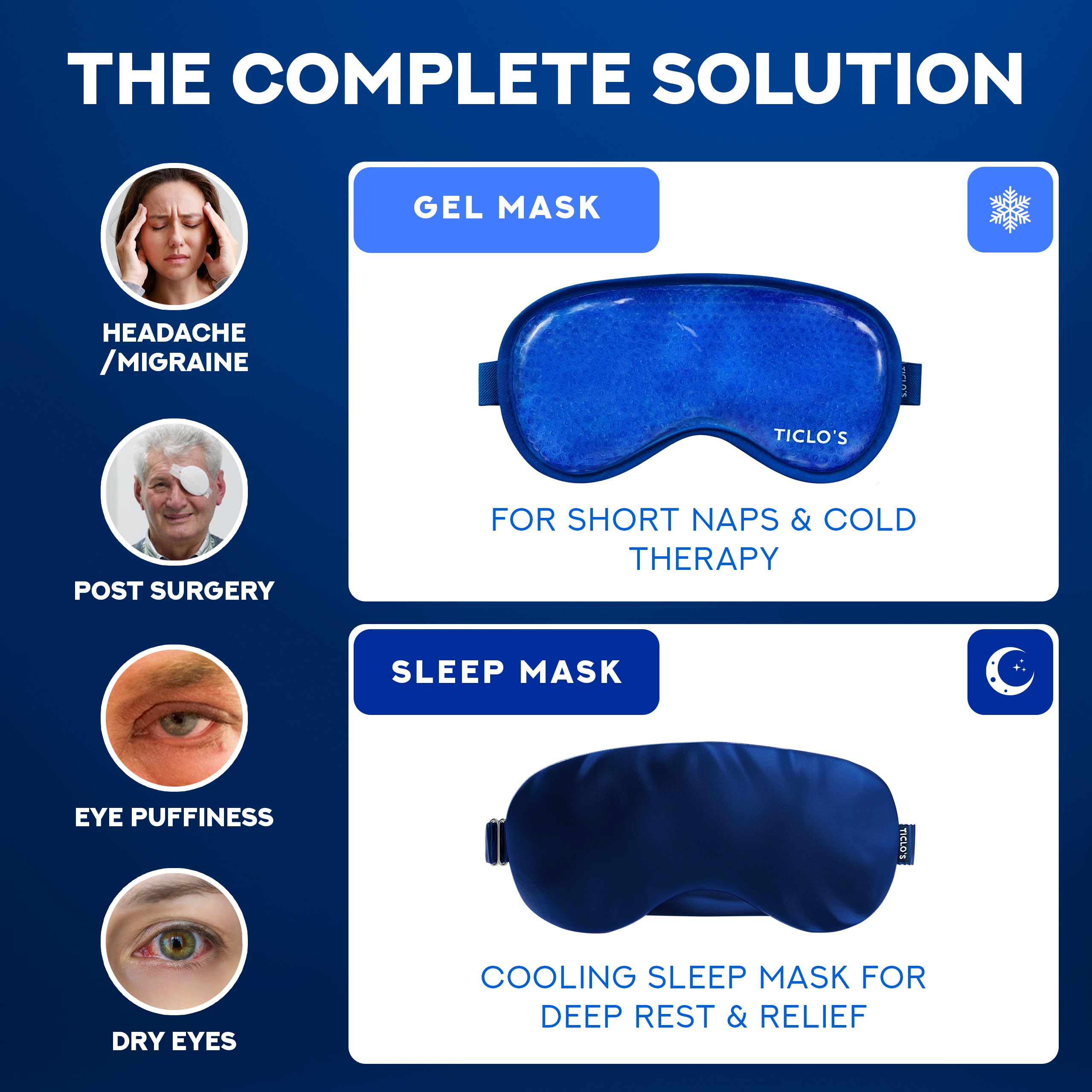 Dual-sided TICLO'S gel eye mask offers plush cooling and intense cold therapy.