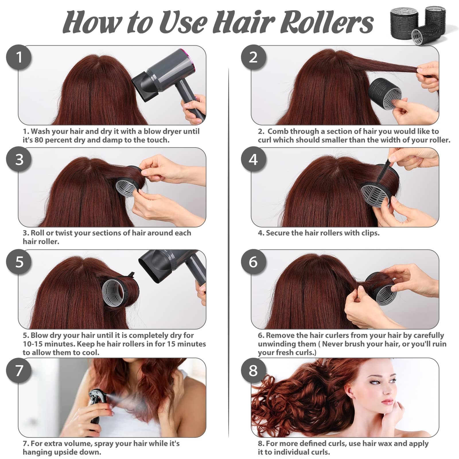 Tidponra self-grip rollers with included clips for secure pin curls.