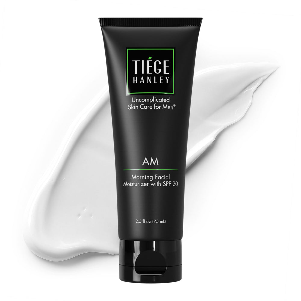 Tiege Hanley AM Morning Moisturizer bottle highlights lightweight hydration and SPF 20 protection.