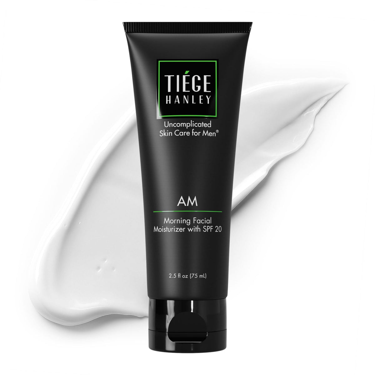 Tiege Hanley AM Morning Moisturizer bottle highlights lightweight hydration and SPF 20 protection.