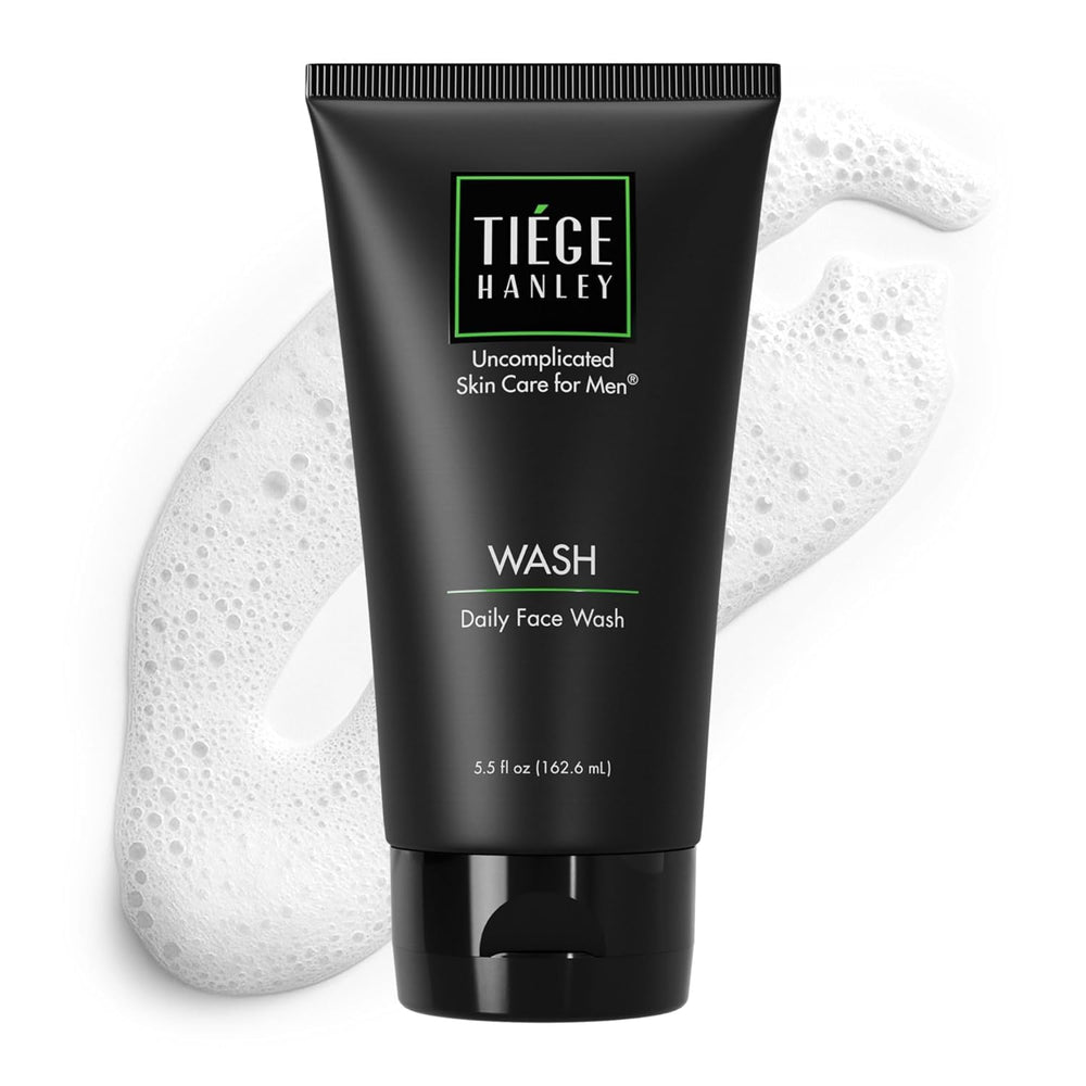 Tiege Hanley Daily Face Wash bottle offers fragrance-free cleansing for sensitive skin.