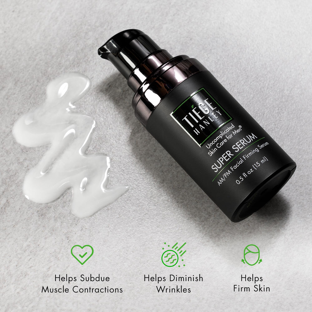 Close-up of peptides in Tiege Hanley Super Serum highlighting elasticity support.
