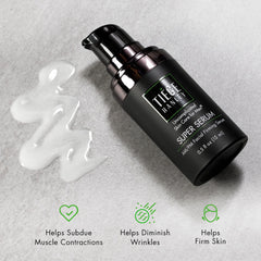Close-up of peptides in Tiege Hanley Super Serum highlighting elasticity support.