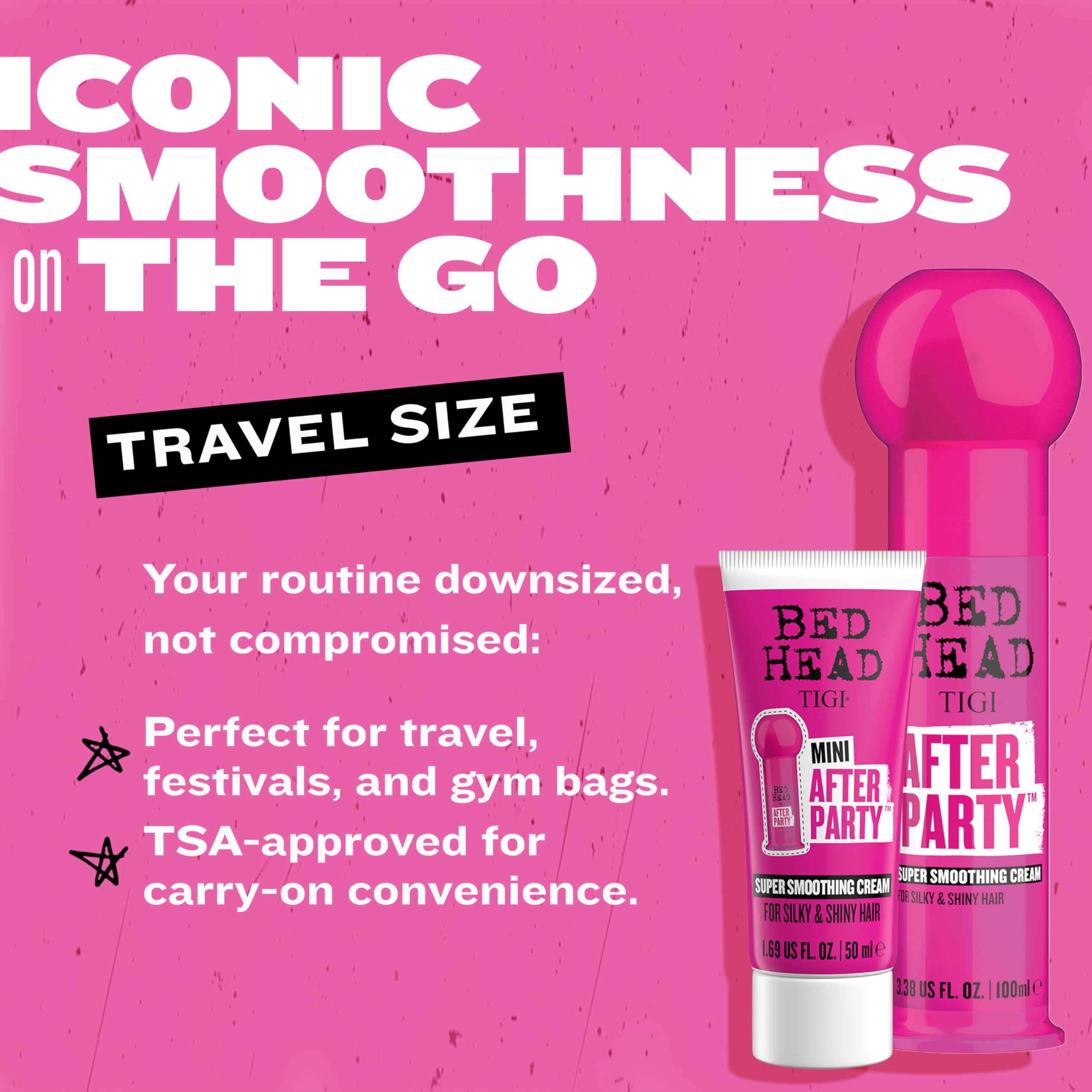 Bed Head After Party de TIGI, aplicación en cabello seco para reducir estática y brillo satinado.