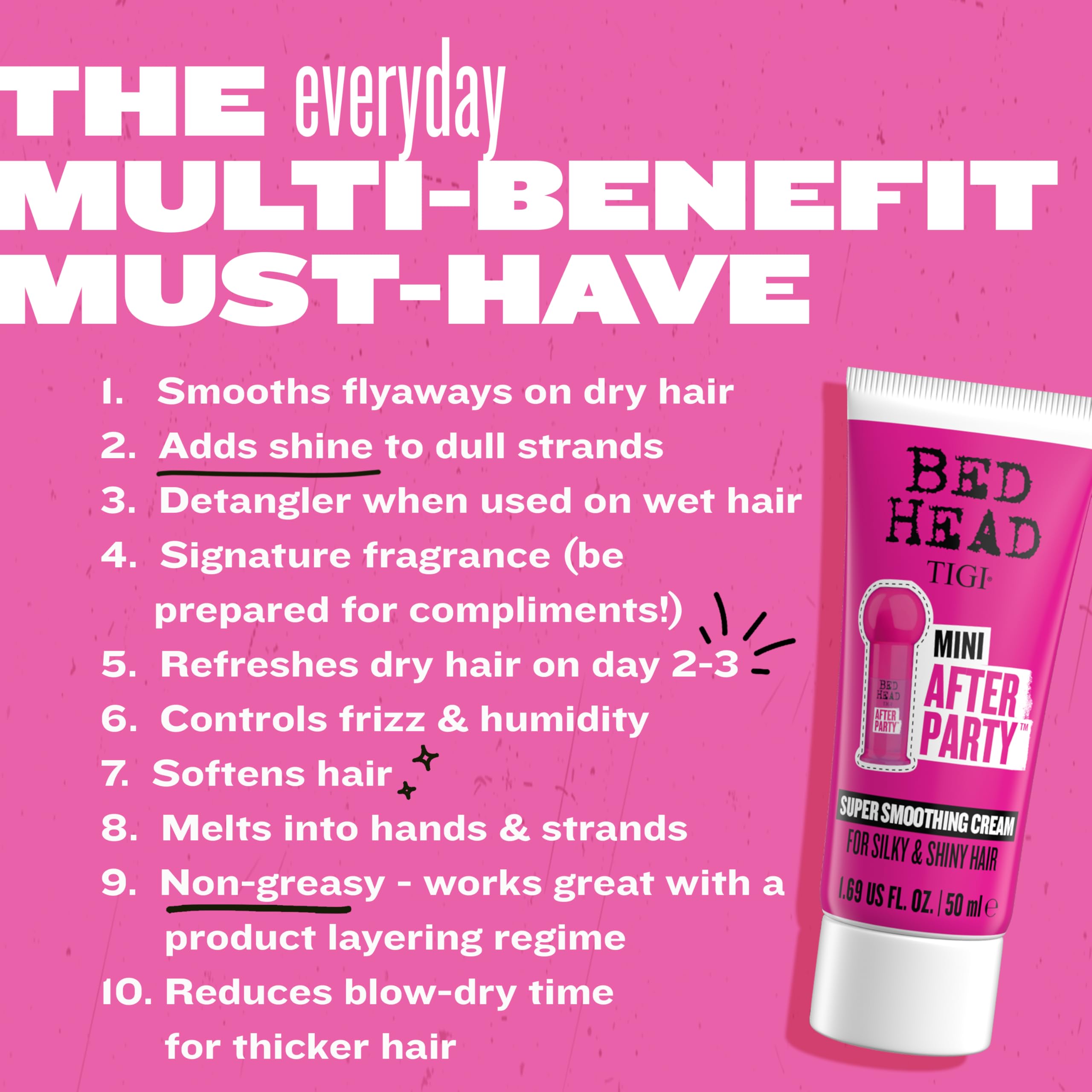 Bed Head After Party TIGI, crema alisadora ligera para brillo sin pesadez.