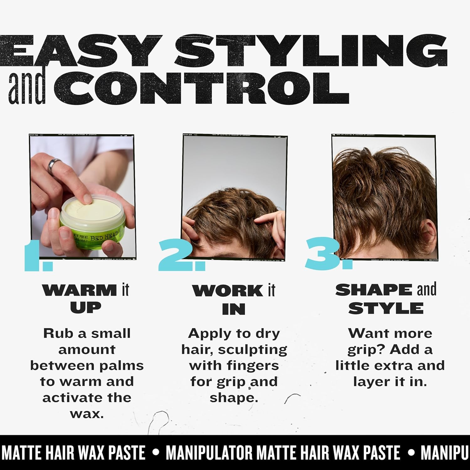 TIGI Bed Head Manipulator Matte, fácil aplicación entre las manos para definir.