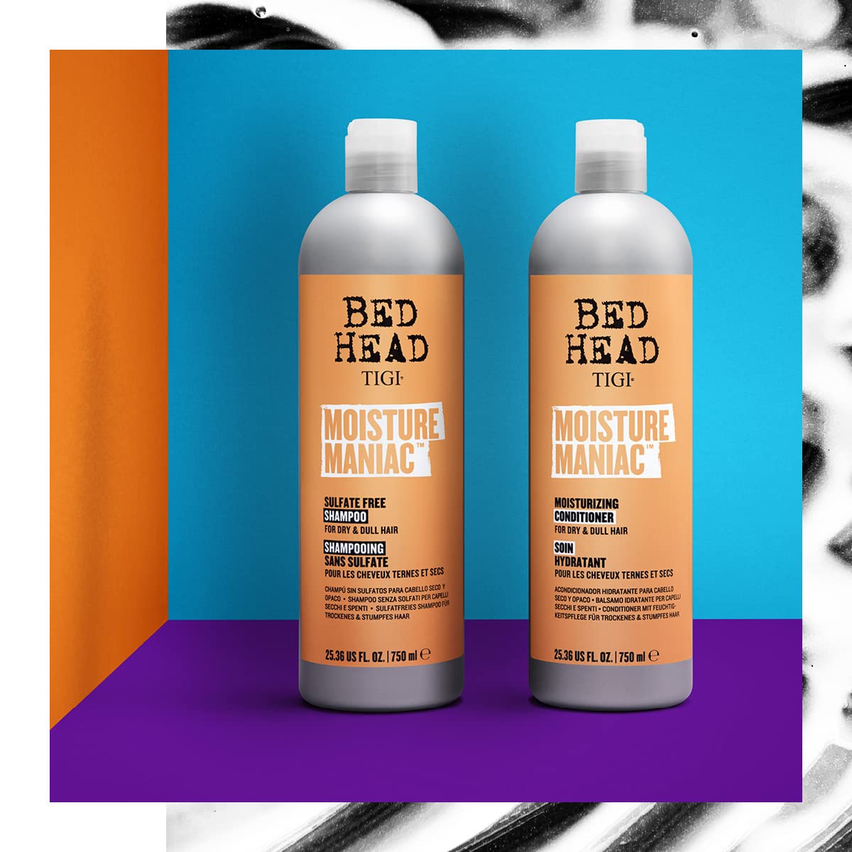 TIGI Moisture Maniac duo set on bathroom shelf for salon-like results