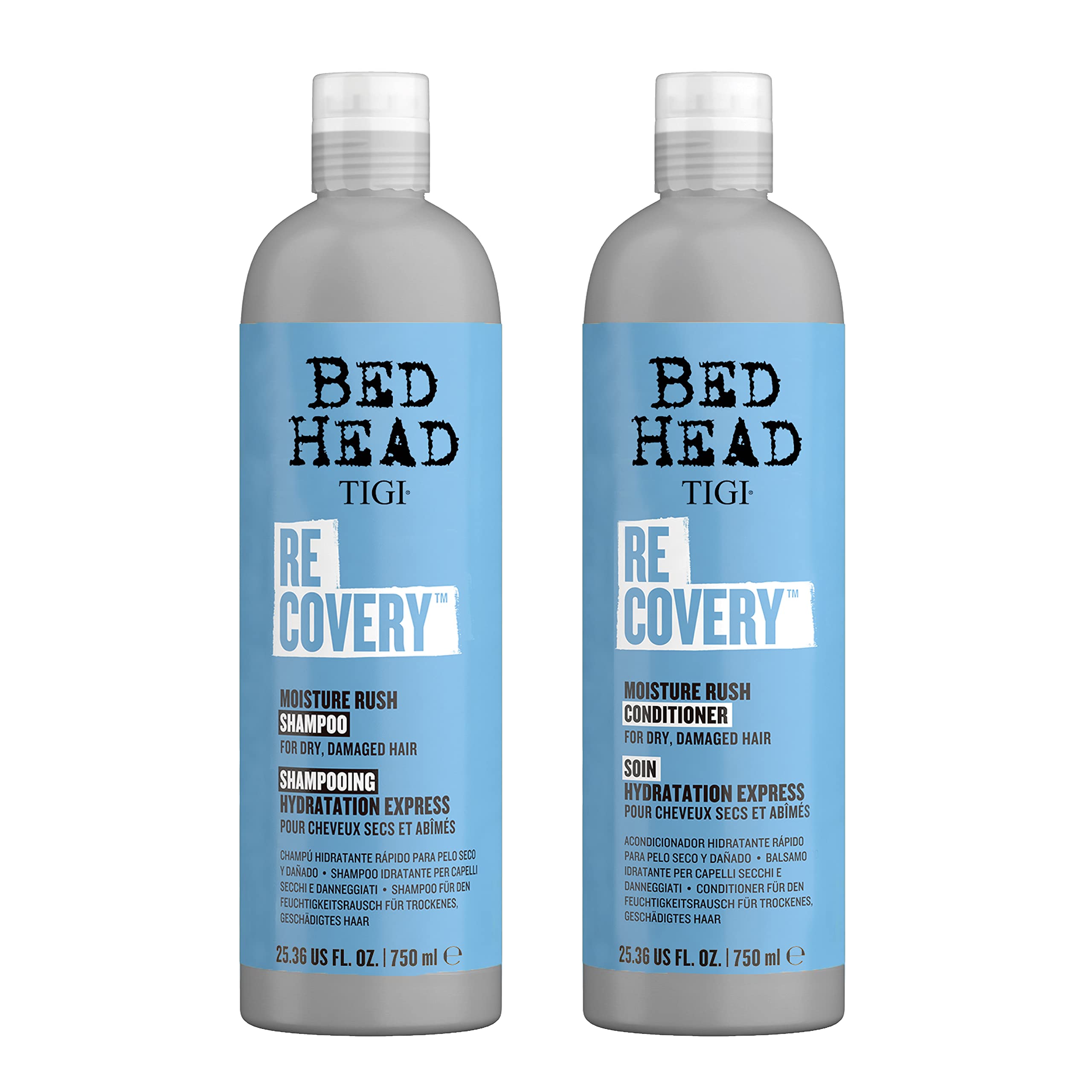 TIGI Bed Head Recovery shampoo bottle pour demonstrates deep hydration for dry, damaged hair.