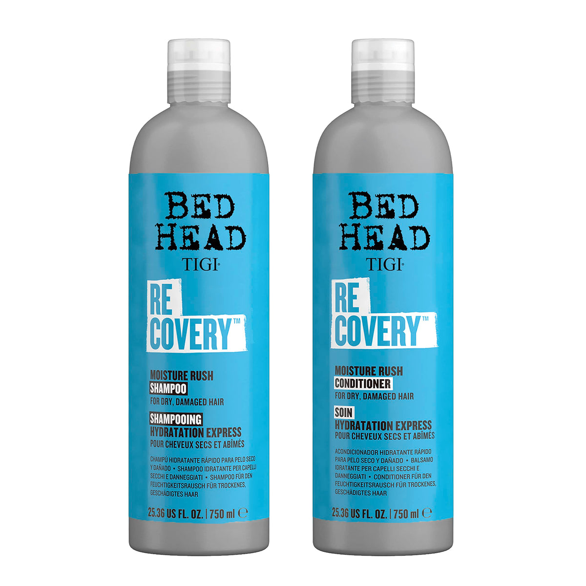 TIGI Bed Head Recovery shampoo bottle pour demonstrates deep hydration for dry, damaged hair.