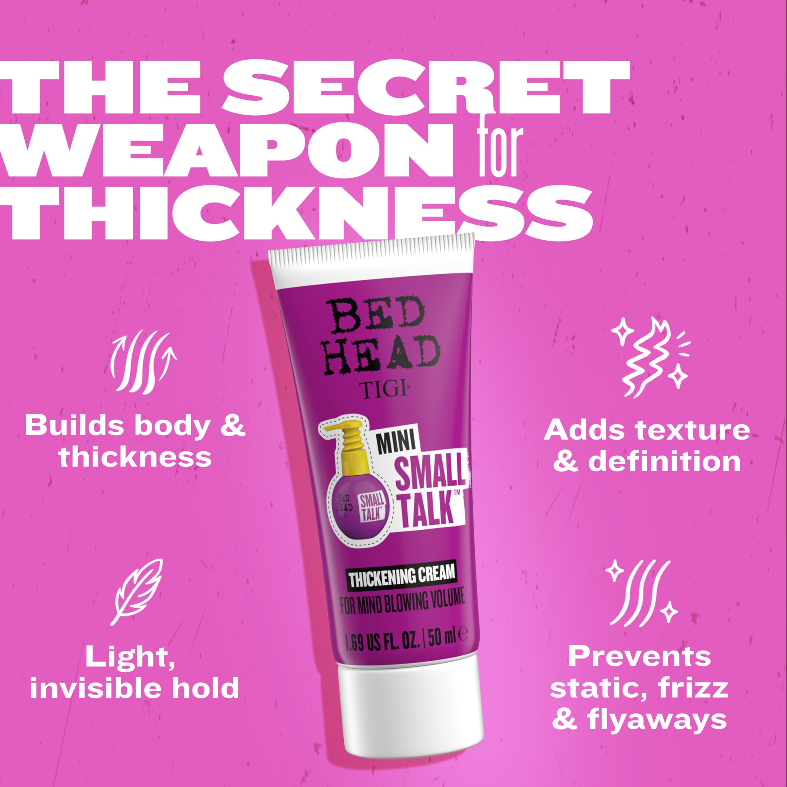 Label detail on TIGI Bed Head Small Talk Thickening Cream packaging.