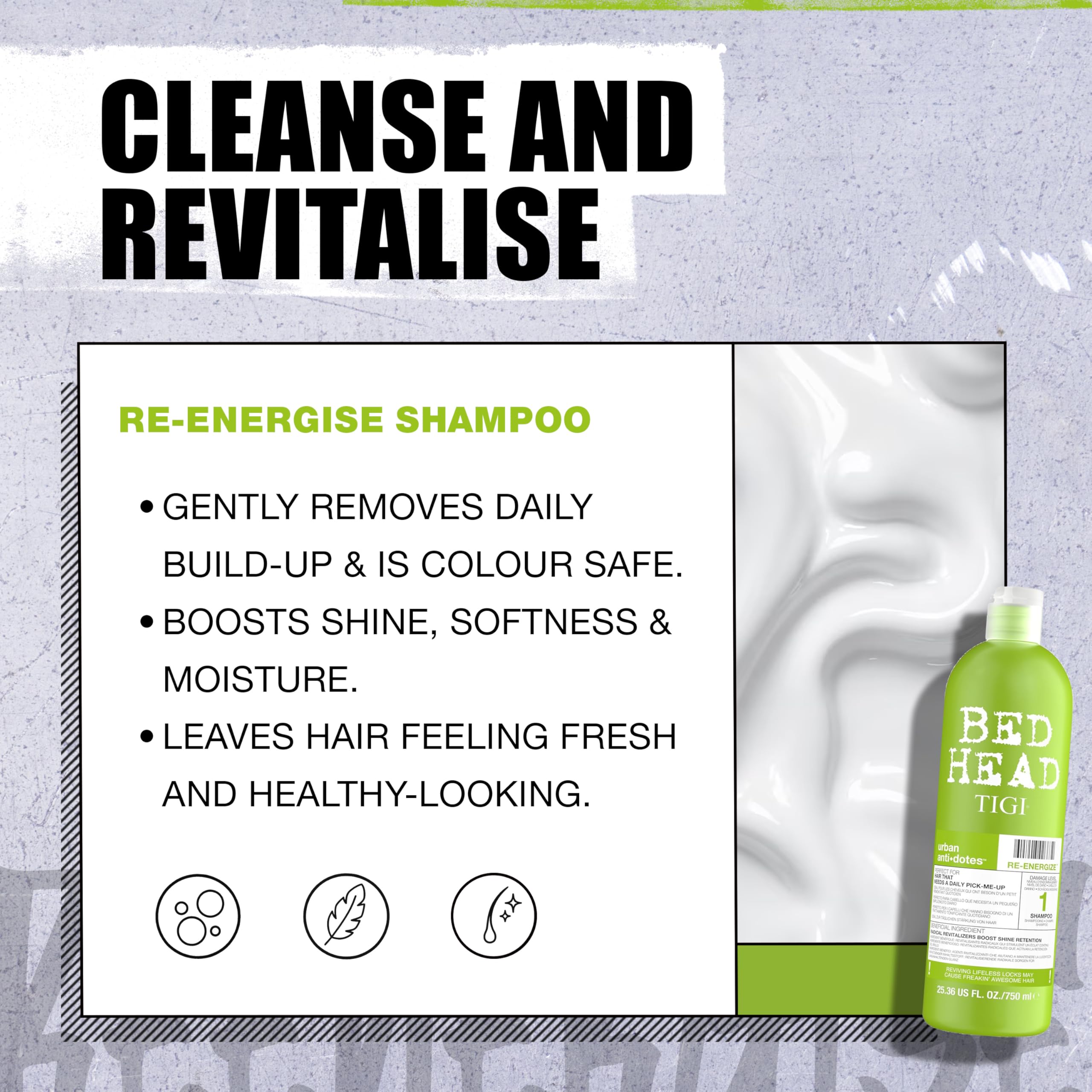Bed Head by TIGI Re-Energize Tropical Twist fragrance highlights mood-boosting scent.