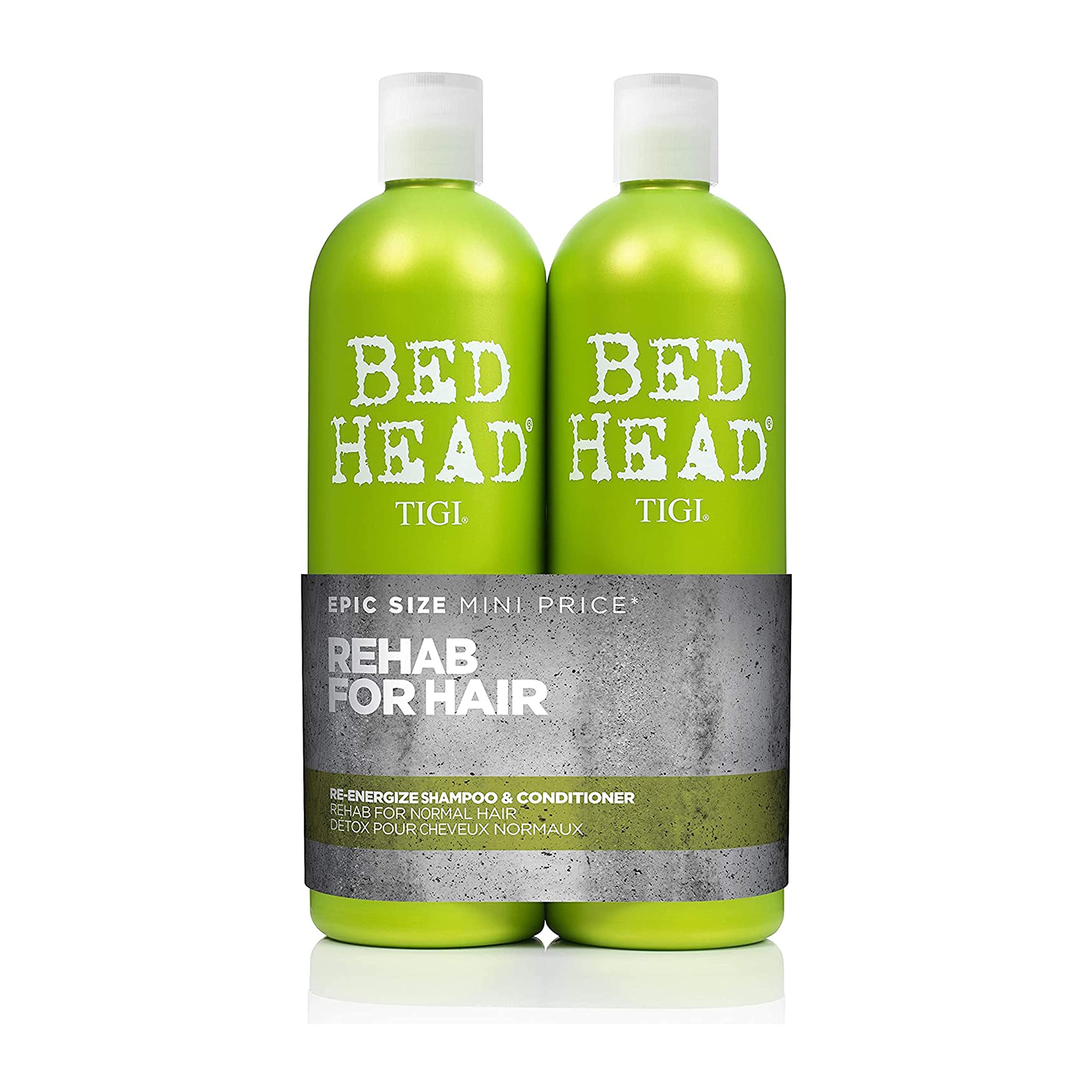 Bed Head by TIGI Re-Energize shampoo bottle shows hydrating cleanse for daily haircare.