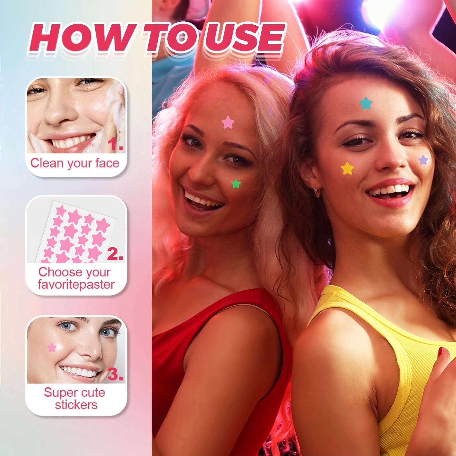 Tikiyoun star-shaped patches applied on the face for discreet protection.