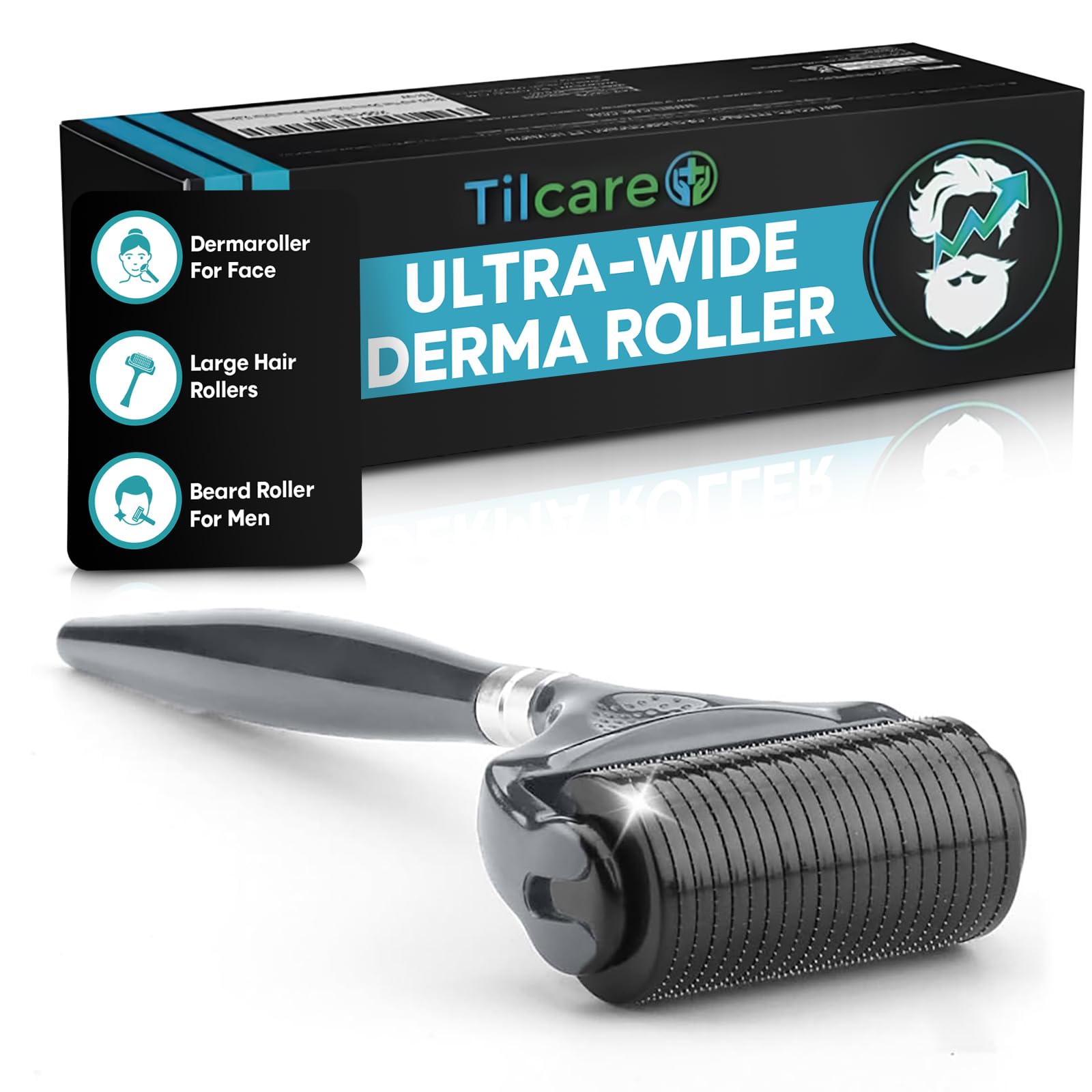 Tilcare beard derma roller close-up with 0.25mm needles for at-home skin care