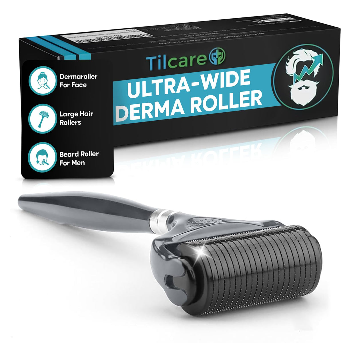 Tilcare beard derma roller close-up with 0.25mm needles for at-home skin care