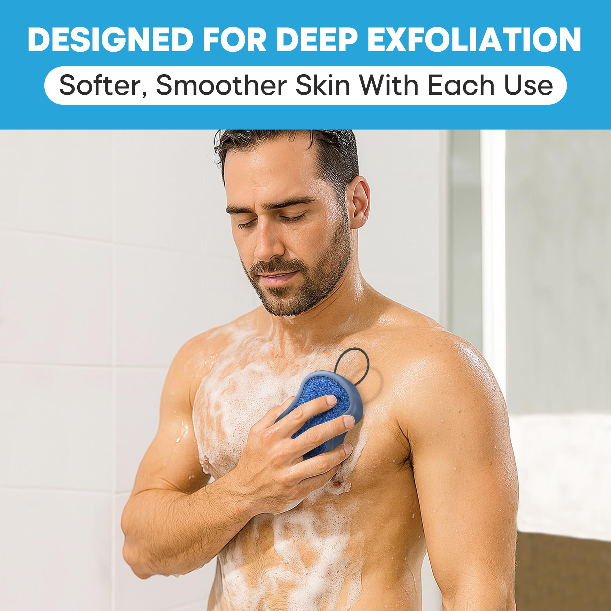 Tilcare exfoliador corporal dos-en-uno, lado suave para limpieza suave.