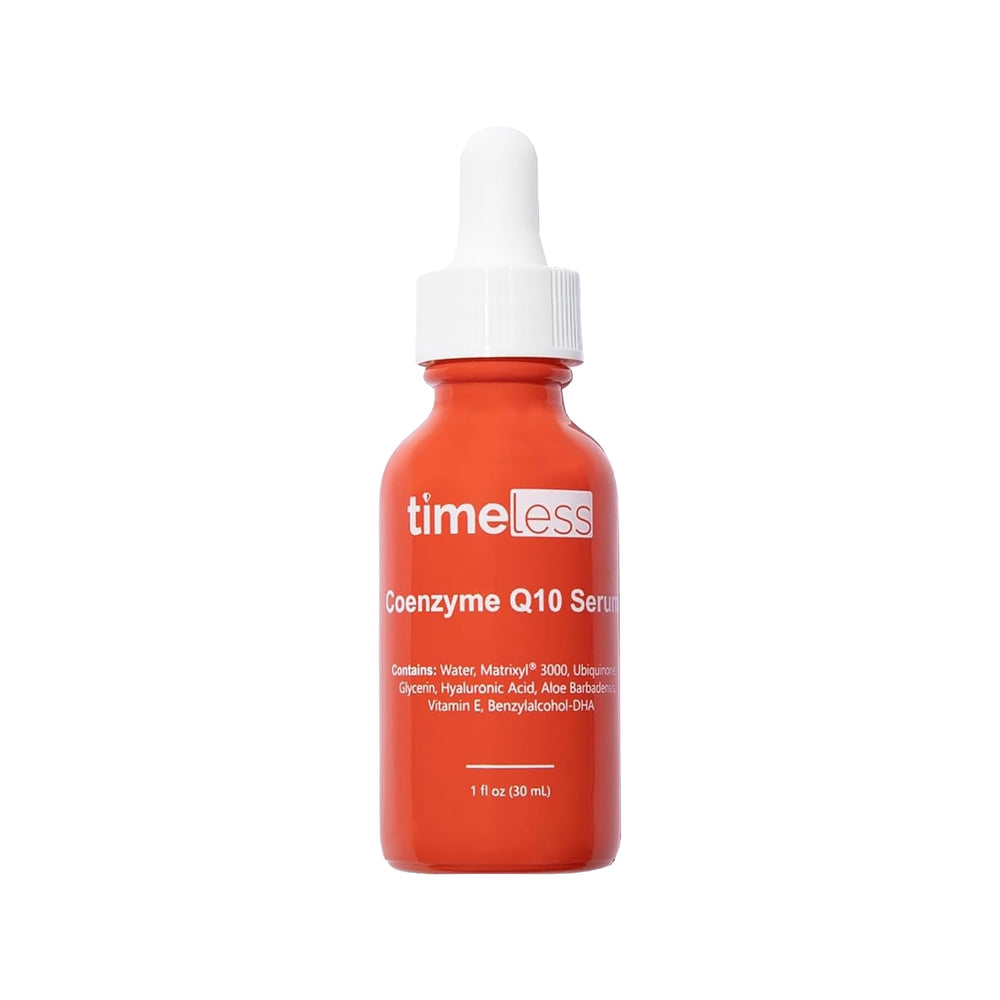 Timeless Skin Care Coenzyme Q10 serum bottle close-up for smoother skin texture.