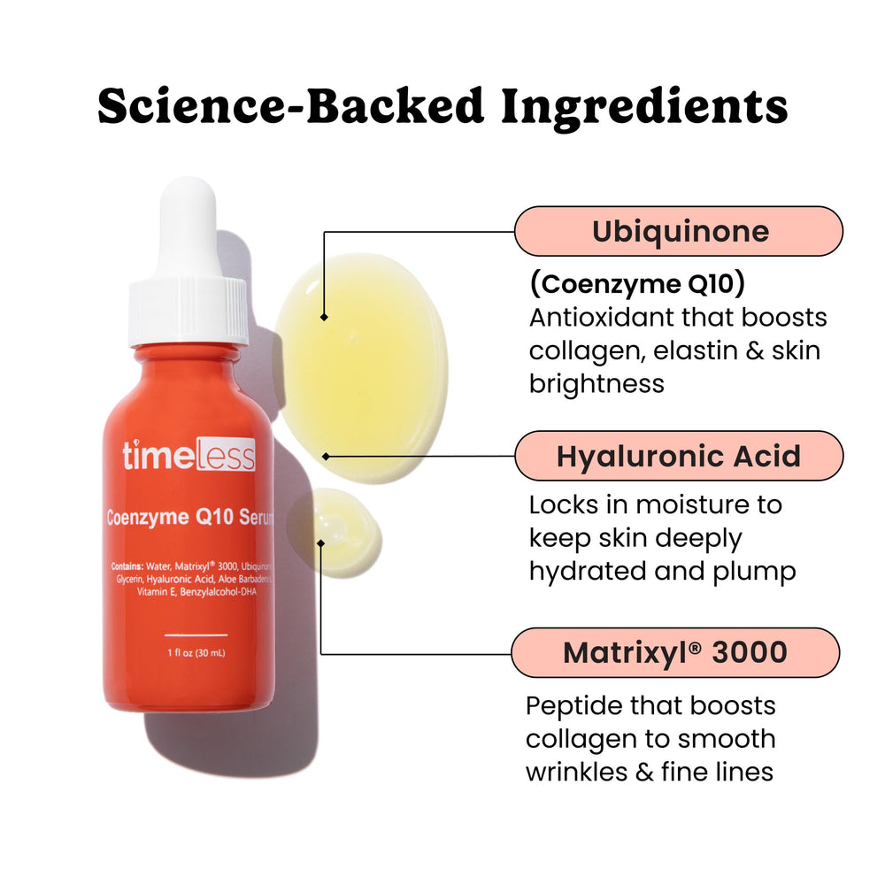 Timeless Skin Care Coenzyme Q10 serum with hyaluronic acid texture detail for hydration.
