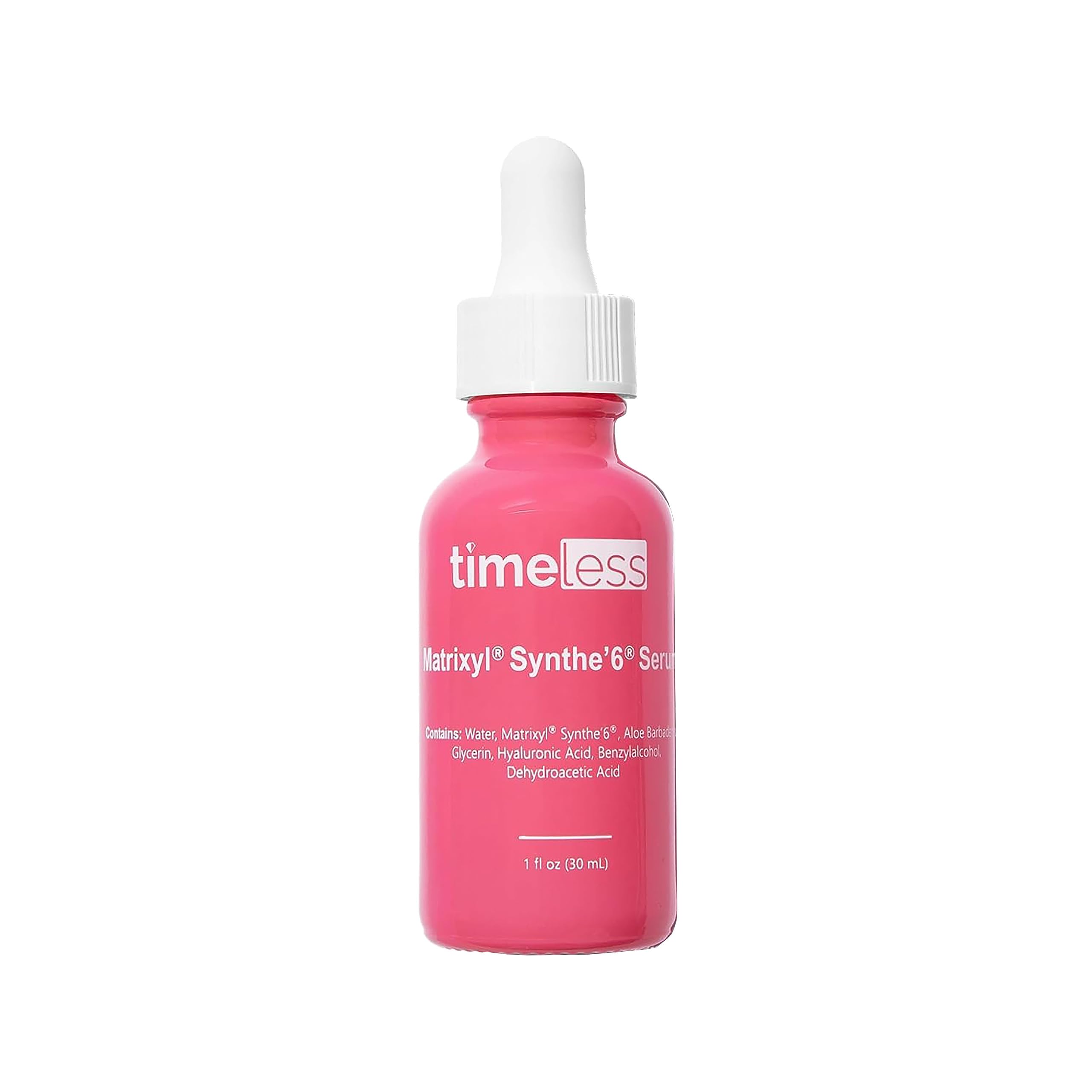 Timeless Skin Care Matrixyl Synthe'6 serum bottle promoting hydration and ease of use.