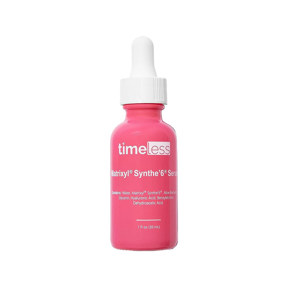 Timeless Skin Care Matrixyl Synthe'6 serum bottle promoting hydration and ease of use.