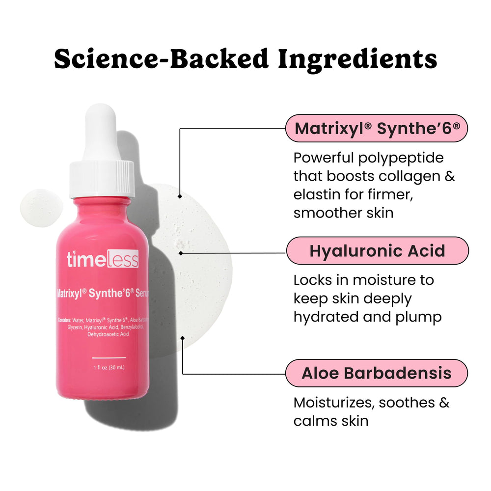 Timeless Skin Care Matrixyl Synthe'6 serum dropper ready for precise application.