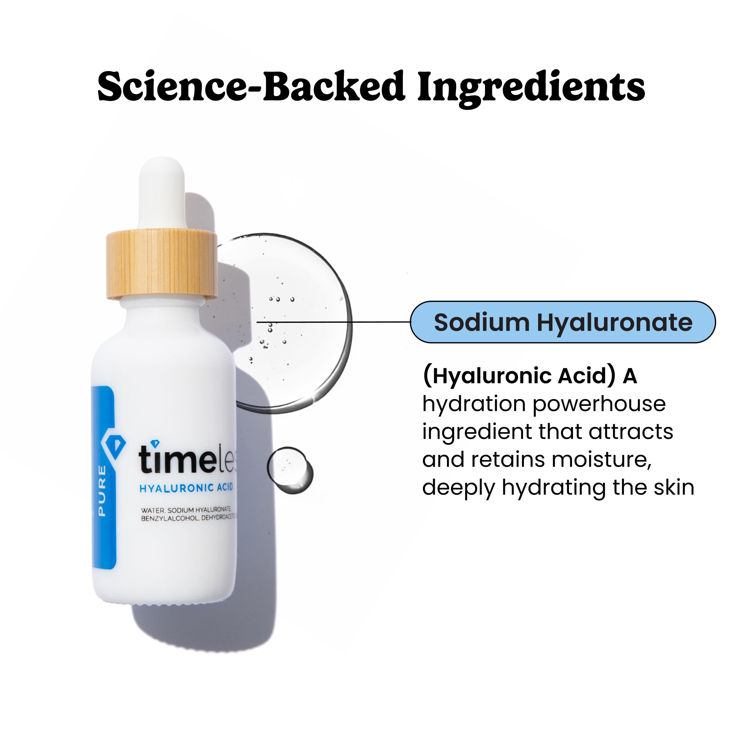 Timeless Skin Care serúm hialurónico, aplicación en mano, sensación de piel fresca