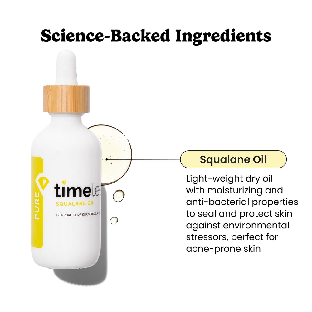 Timeless Skin Care Squalane Oil, aplicación en una gota para rostro, regula grasa moderadamente.