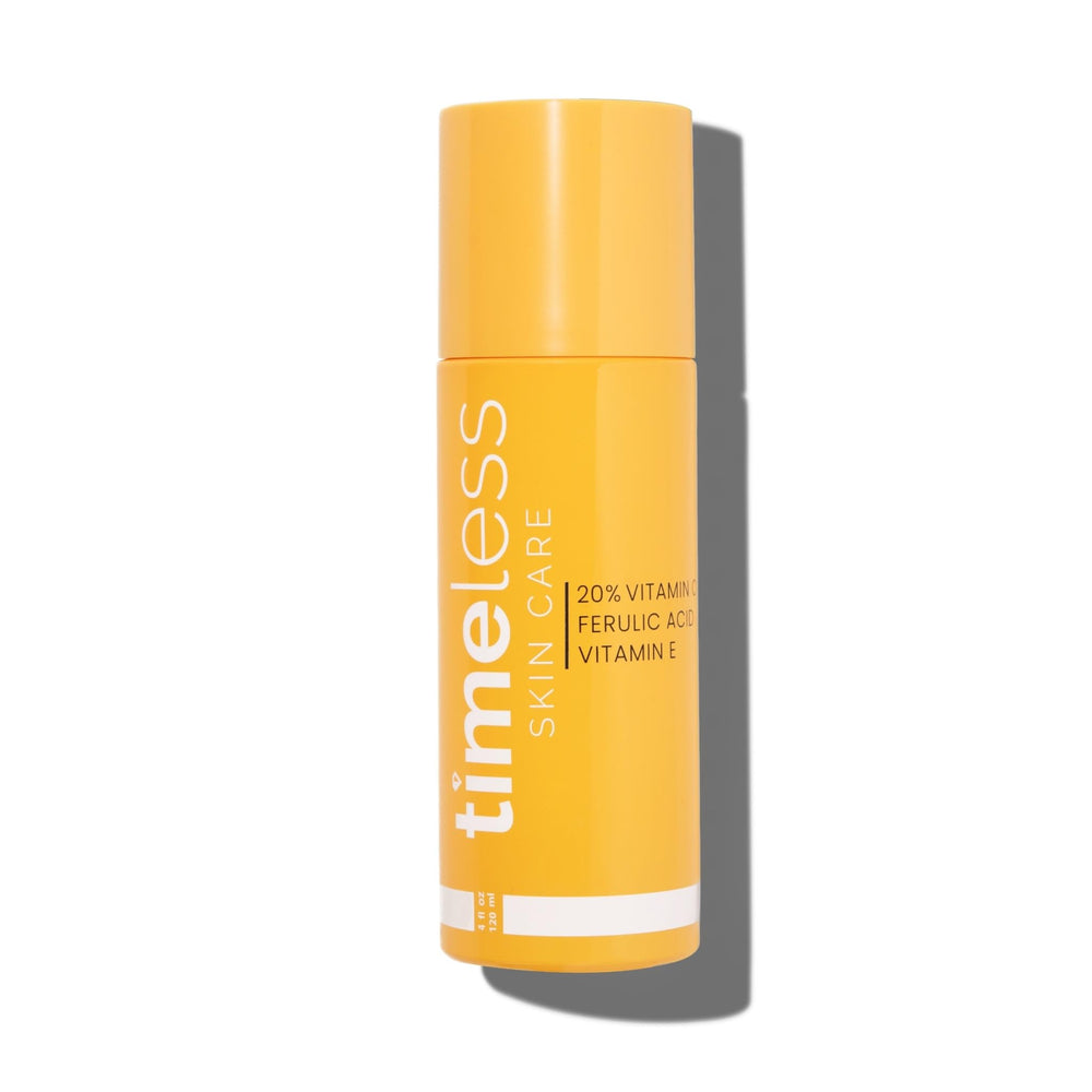 Timeless Skin Care Vitamin C Serum bottle on vanity for daily brightening