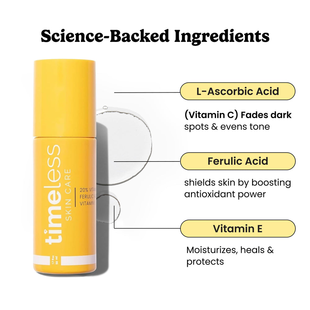 Timeless Skin Care Vitamin C Serum label close-up showing 20% vitamin C and Ferulic acid.
