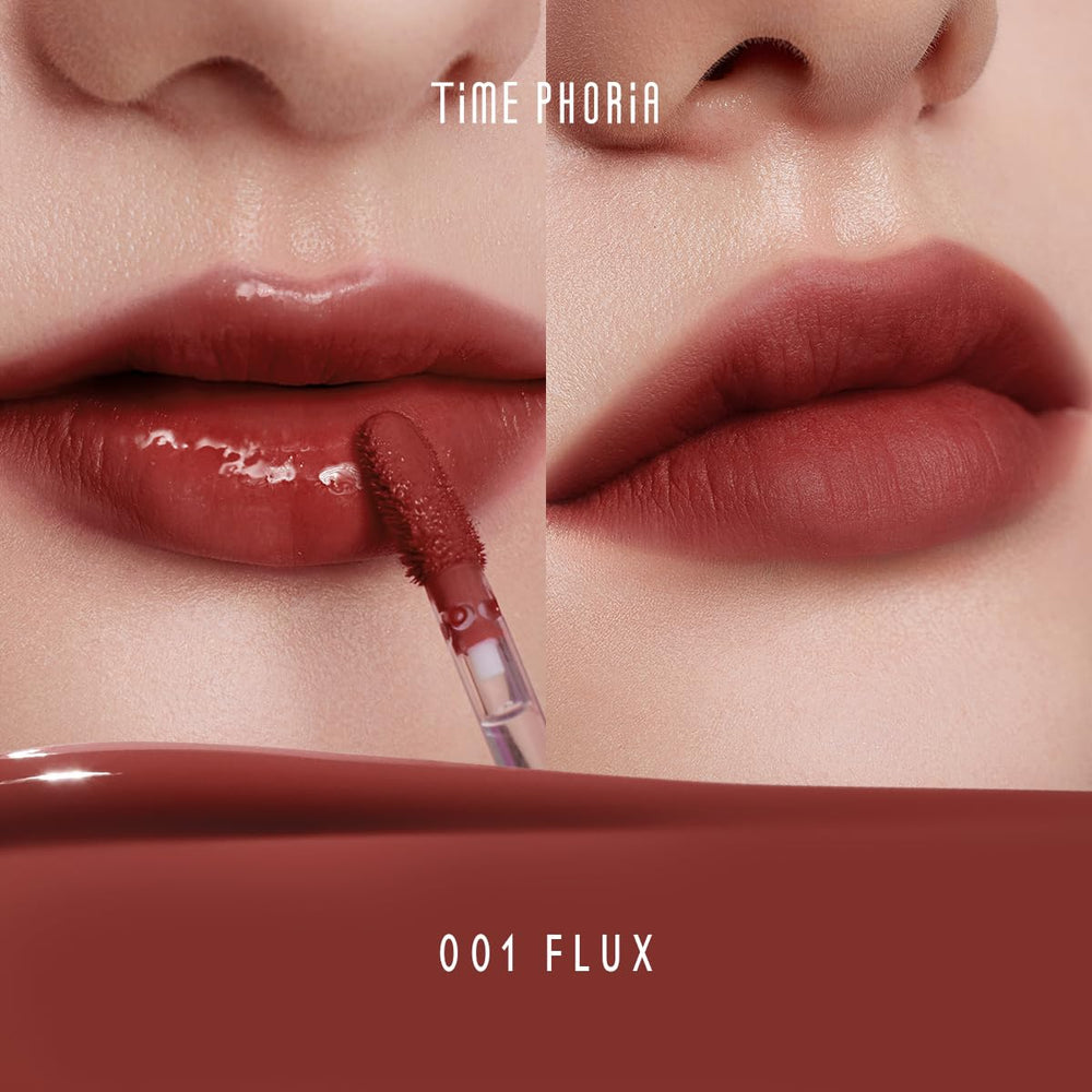 TIMEPHORIA Altera Tinte Labial Flux, acabado brillo que se transforma en mate suave para dos looks.