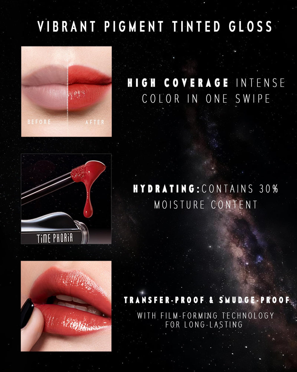 TIMEPHORIA Stellar Dust Lip Stain 002 Gemini, durabilidad-diaria para uso prolongado.