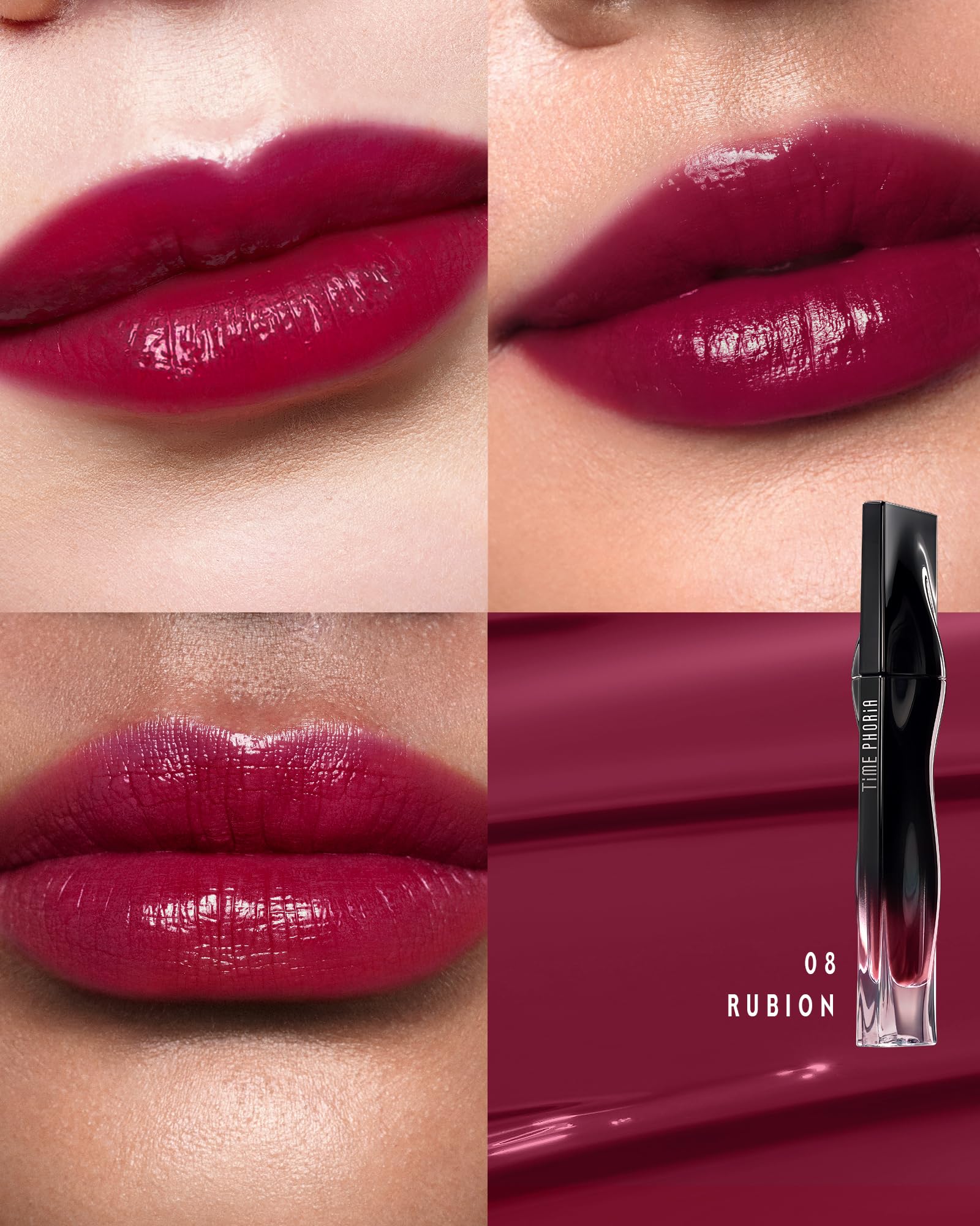 TIMEPHORIA Stellar Dust Lip Stain 08 Rubion muestra color rubí duradero en muestra