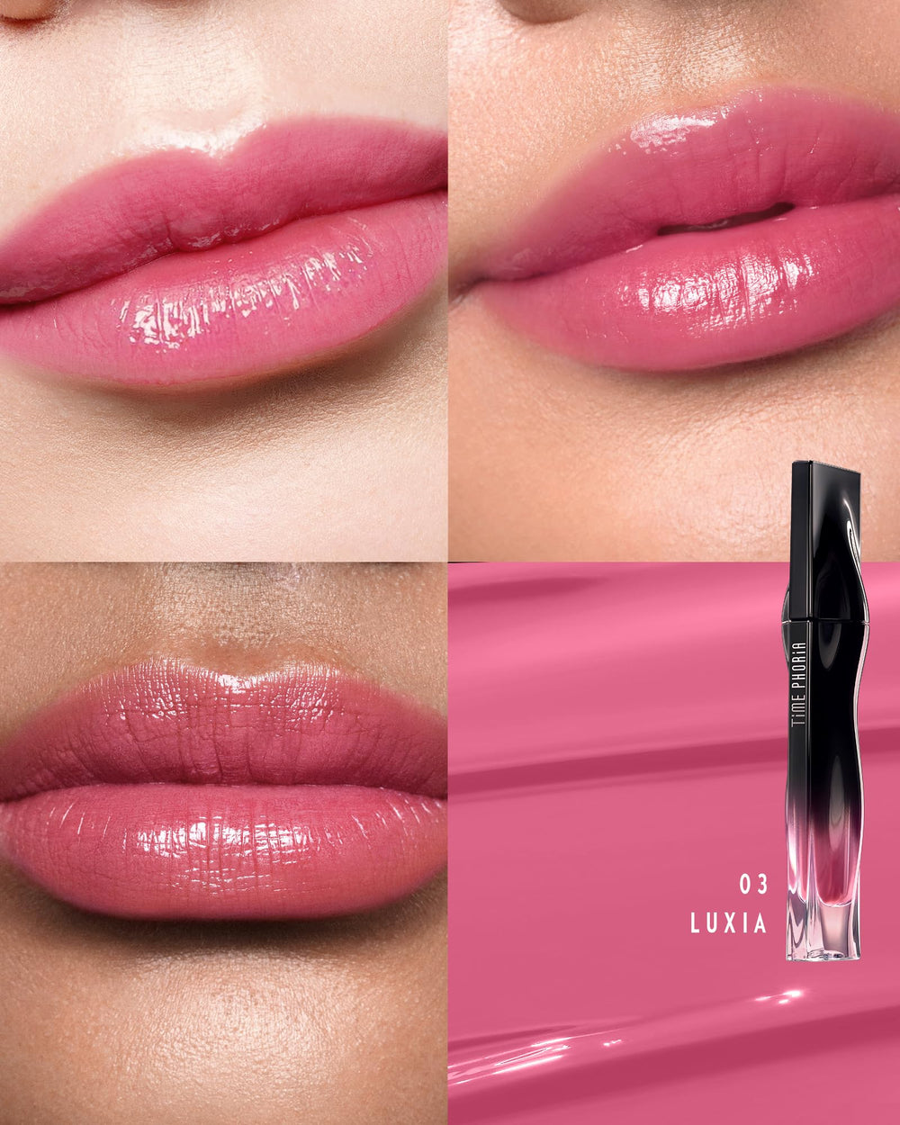 Timephoria Stellar Dust muestra color rosa vivo para labios definidos.