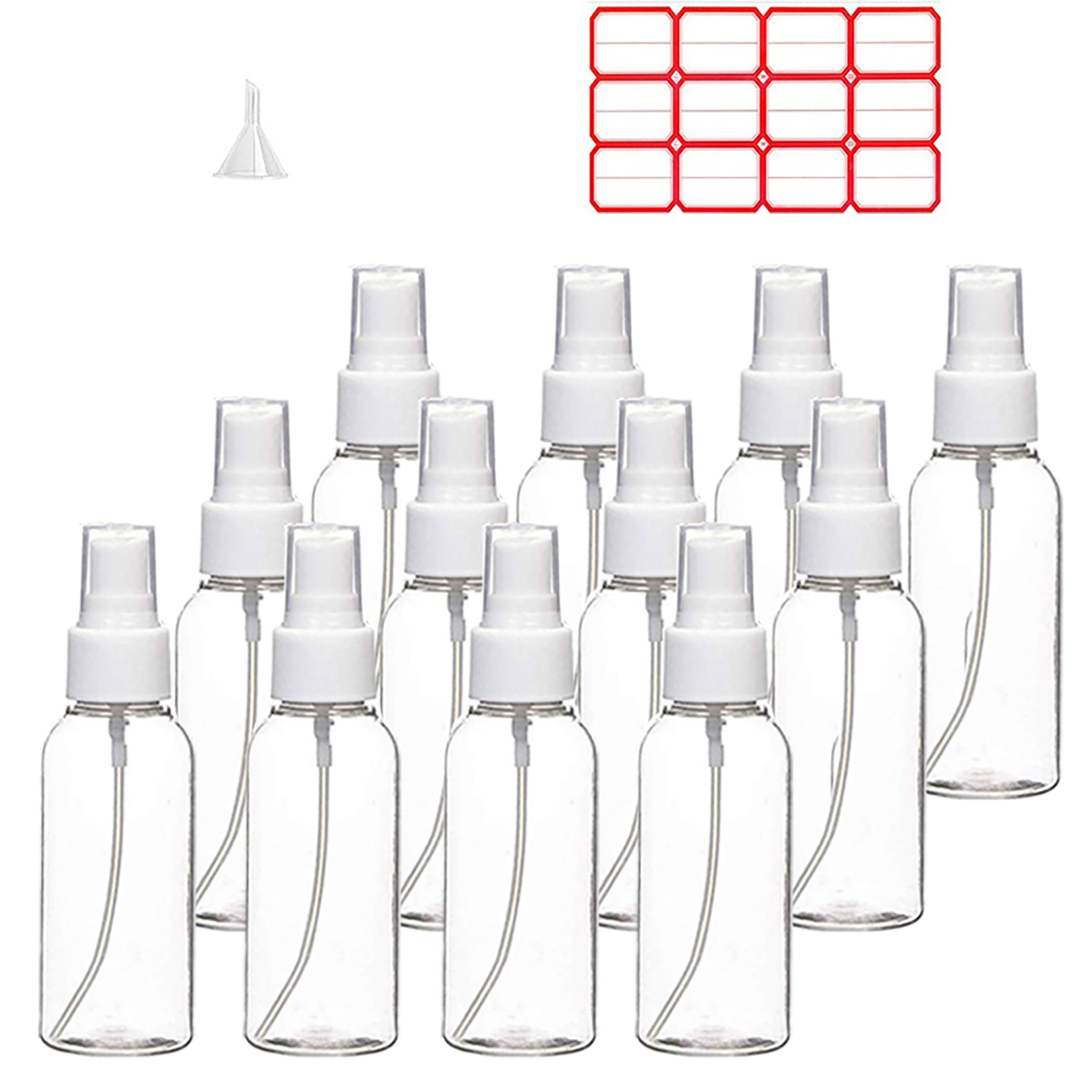 TINFO spray bottles 12-pack, clear 4oz, fine mist for travel and refilling.