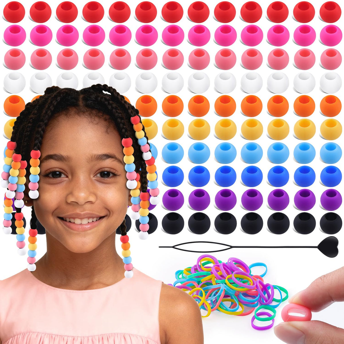 TINKRSTUFF 120-piece silicone hair beads package for quick, colorful braiding.