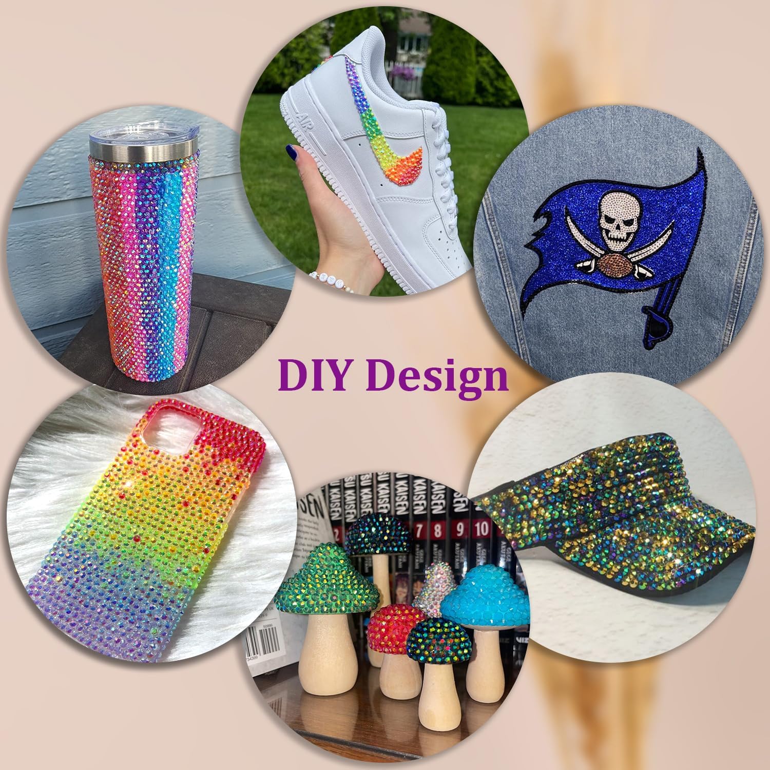 TINKRSTUFF AB-coated rhinestones shine differently under light for dynamic effects.