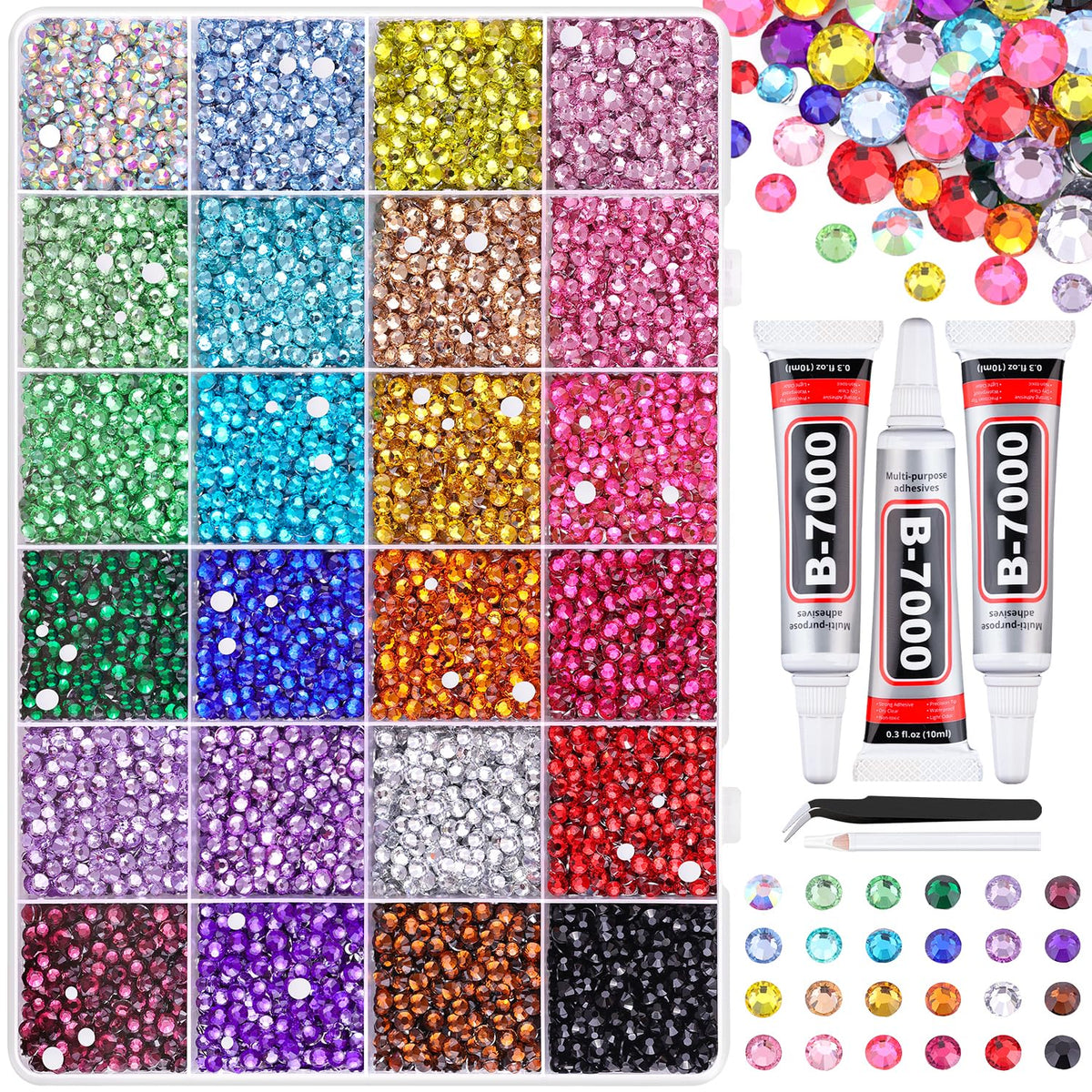 TINKRSTUFF muestra la caja de 24 rejillas con piedras de resina multicolor para manualidades.