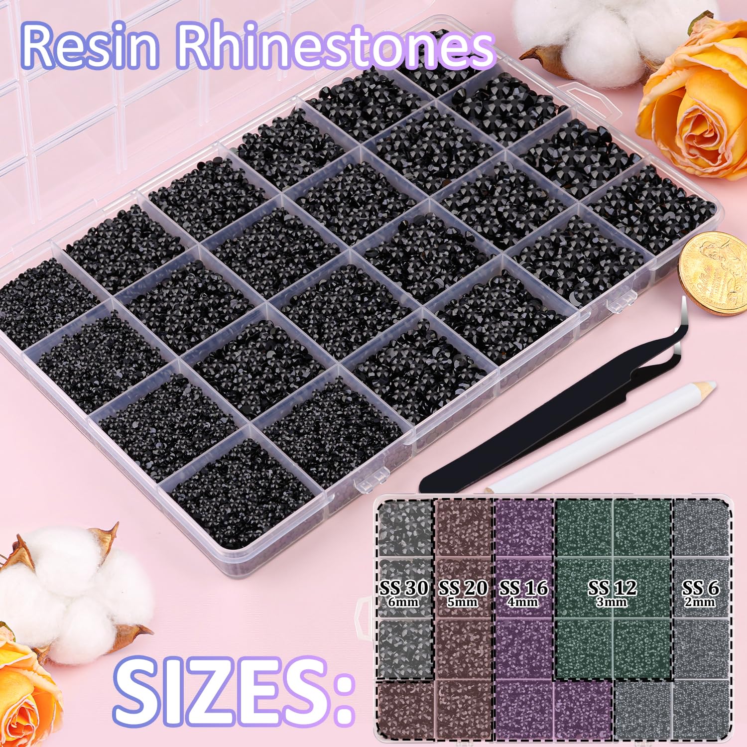 Piedras negras 2–6 mm con facetado para uñas brillantes.