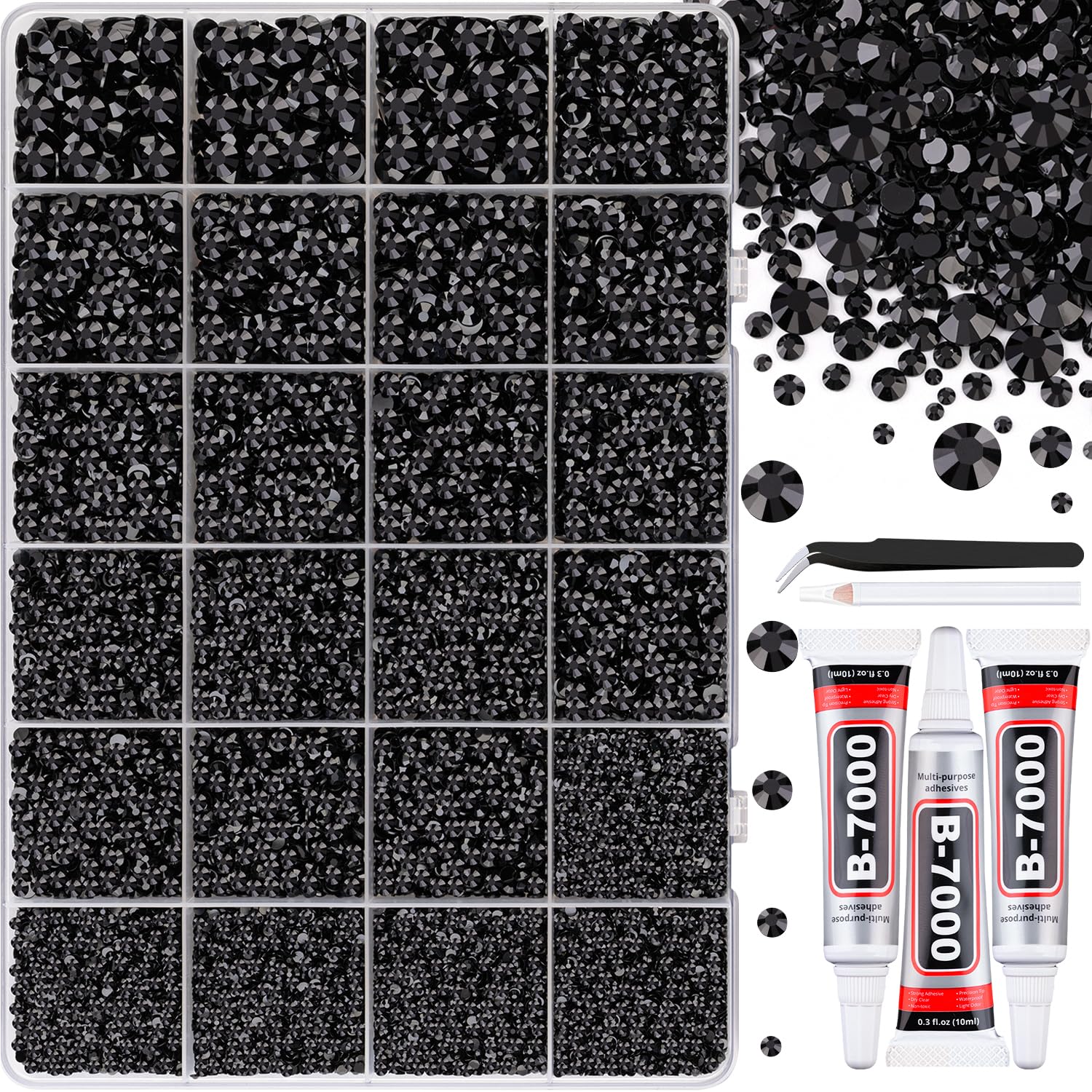 Piedras negras para bedazzling de TINKRSTUFF en caja con rejillas, organización fácil.
